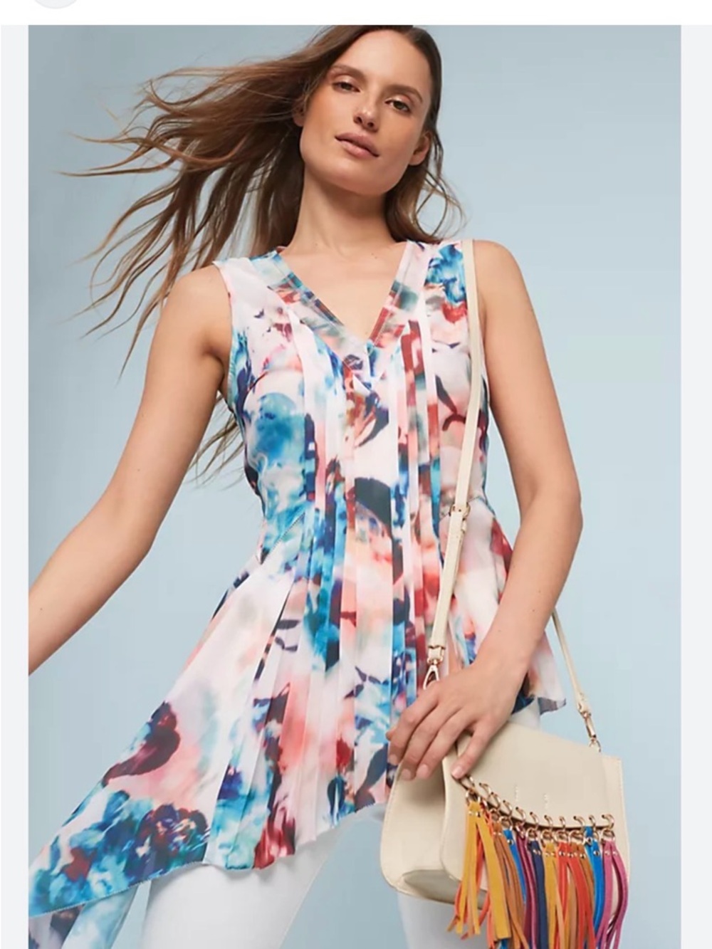 Byron Lars SilviaSleeveless Floral Watercolor V-Neck Blouse in Blue, Pink, White
